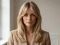 Kobieta w beżowej marynarce z blond włosami i stylową grzywką curtain bangs. Idealna fryzura dla każdej kobiety, która chce podkreślić swoją twarz.