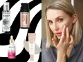 Kobieta nakłada bazę pod makijaż, obok kosmetyki: Bielenda, Bourjois, Eveline i Gentle Nudie.