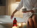 Kobieta w szlafroku dodaje sól do kąpieli do wanny pełnej piany. Wokół palą się świece, tworząc relaksującą atmosferę.