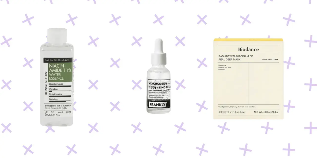 Zestaw kosmetyków z niacynamidem i kwasem salicylowym: serum, esencja i maska.
