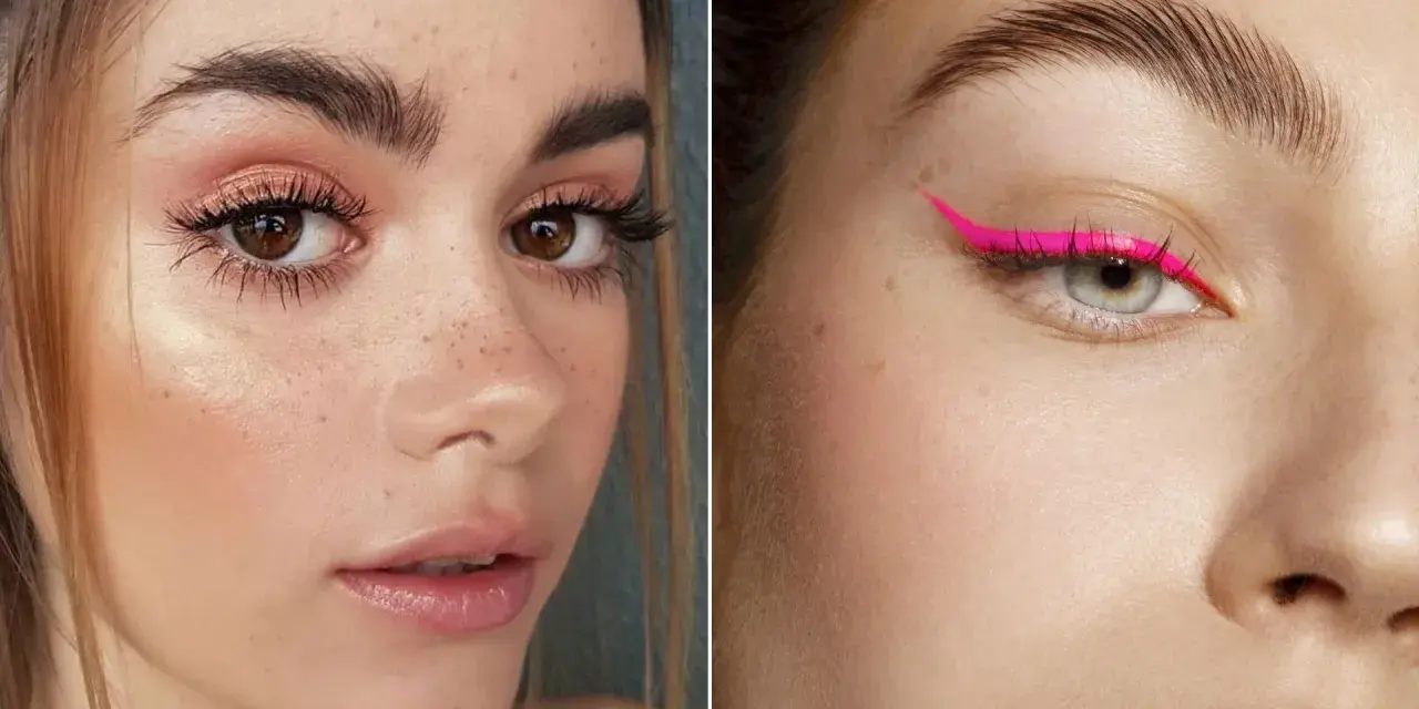 Naturalne, gęste brwi to hit! Na lewym zdjęciu dziewczyna z piegami i różowym makijażem, na prawym oko z neonowym eyelinerem.