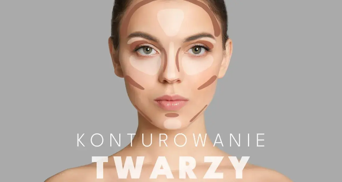 Modelka z zaznaczonymi cieniami i rozświetlaczami na twarzy, pokazującymi techniki konturowania twarzy.