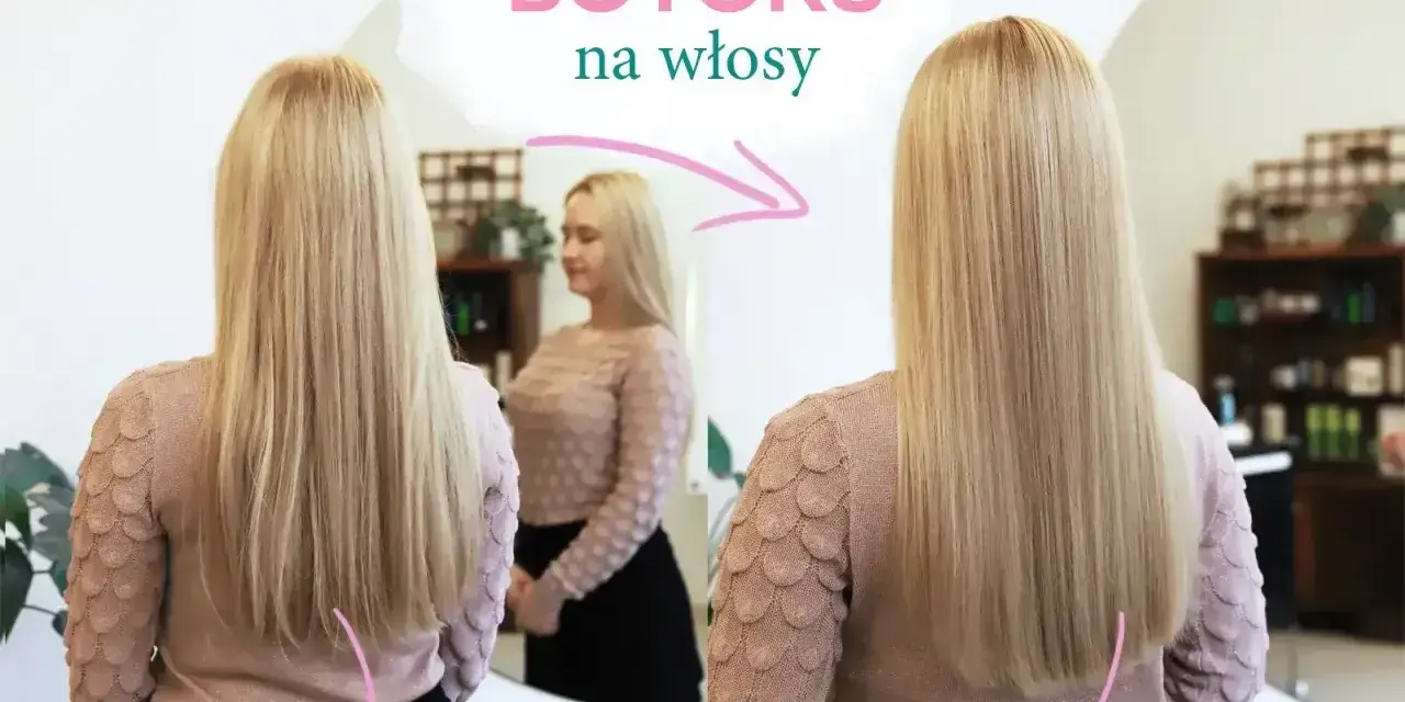 Przed i po zabiegu botoksu na włosy. Włosy przed są lekko falowane, po zabiegu proste i lśniące.