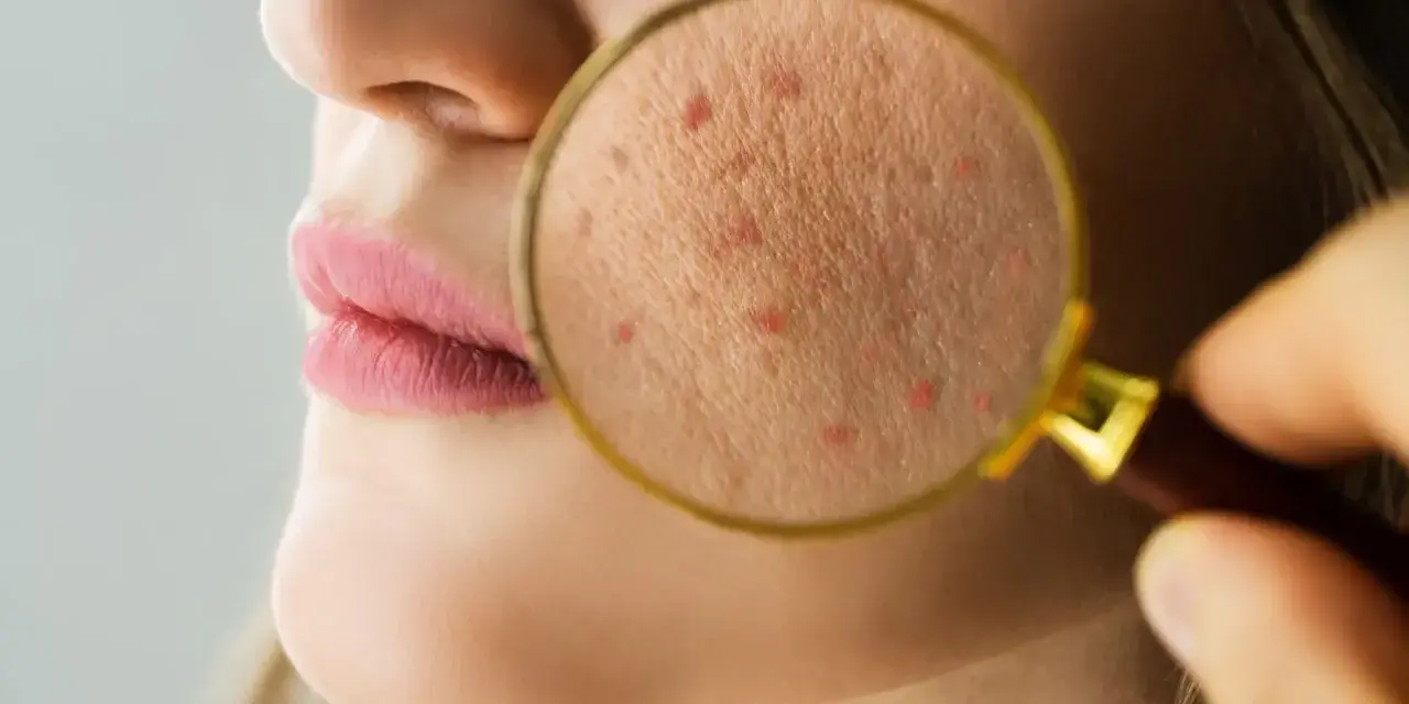 Powiększony fragment skóry z widocznymi czerwonymi krostkami, sugerującymi problem z fungal acne.
