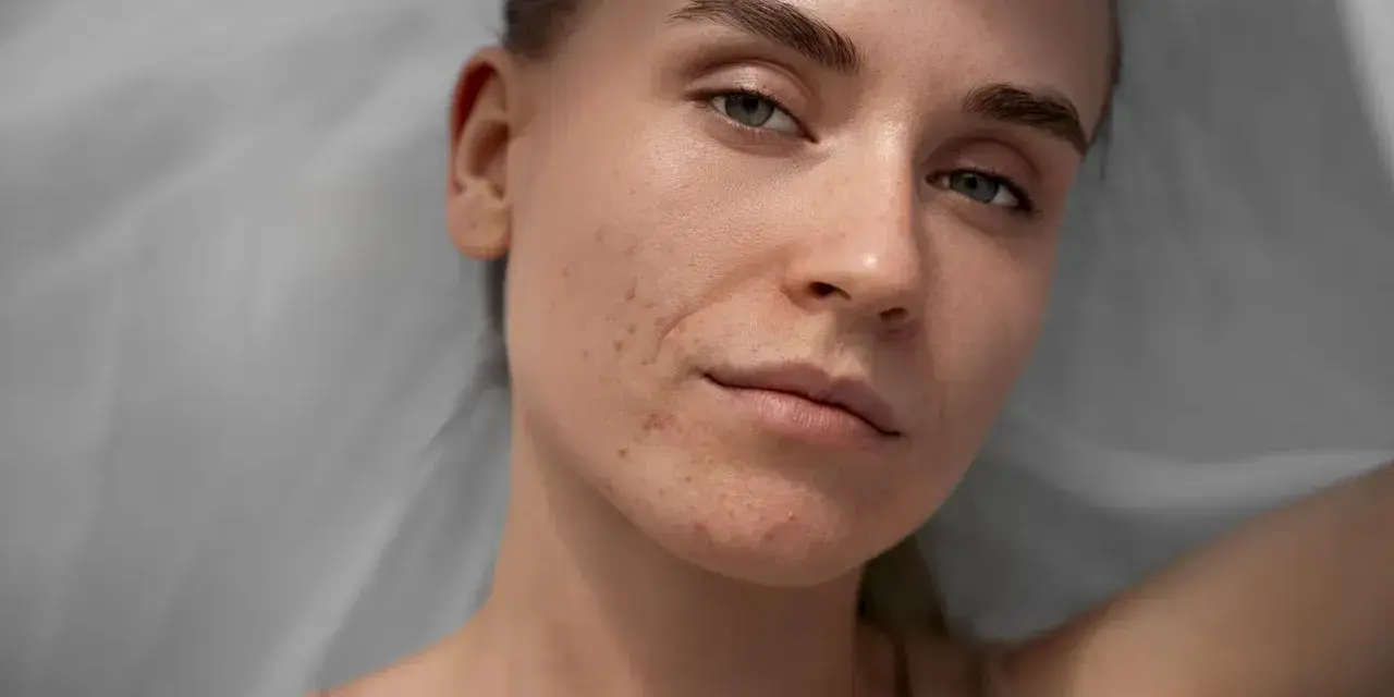 Młoda kobieta z widocznymi przebarwieniami hormonalnymi na twarzy, w tym trądzikiem i zaczerwienieniami.