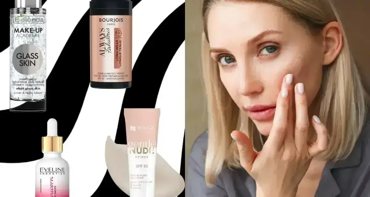 Kobieta nakłada bazę pod makijaż, obok kosmetyki: Bielenda, Bourjois, Eveline i Gentle Nudie.