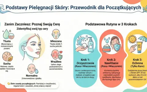 Podstawy pielęgnacji twarzy: poznaj typ cery (tłusta, sucha, mieszana, wrażliwa, normalna) i rutynę w 3 krokach: oczyszczanie, nawilżanie, ochrona SPF.