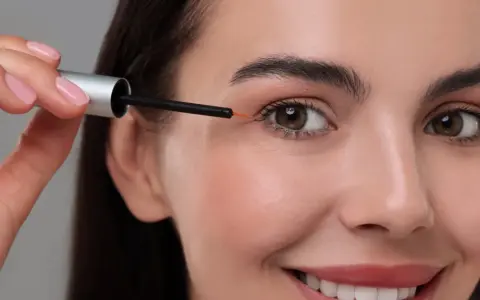 Kobieta aplikuje serum z bimatoprost na brwi, by uzyskać gęstszy efekt.