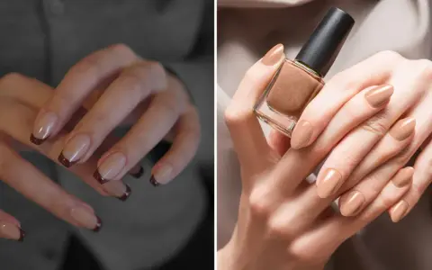Dwie propozycje delikatnych paznokci na jesień: klasyczny french z bordową końcówką i beżowy manicure z błyszczącym lakierem.