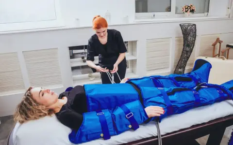 Kobieta leży na łóżku, podłączona do urządzenia do drenażu limfatycznego. Terapeutaka przygotowuje zabieg.