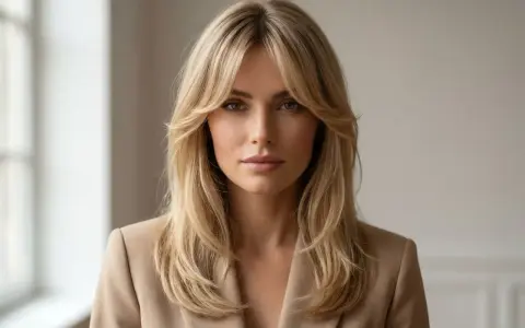 Kobieta w beżowej marynarce z blond włosami i stylową grzywką curtain bangs. Idealna fryzura dla każdej kobiety, która chce podkreślić swoją twarz.