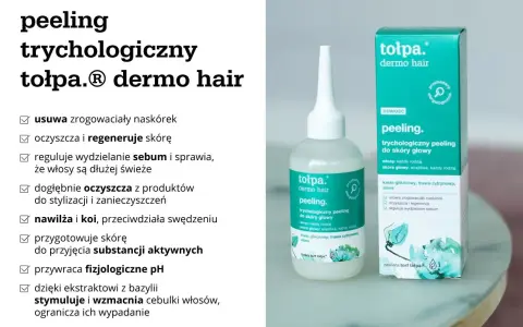 Peeling trychologiczny Tołpa dermo hair do skóry głowy przetłuszczającej się. Oczyszcza, regeneruje i reguluje sebum, zapewniając dłużej świeże włosy.