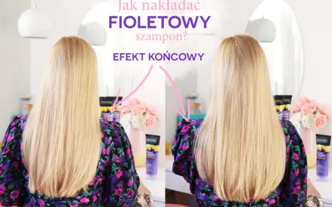 Porównanie włosów przed i po użyciu fioletowego szamponu. Efekt końcowy jest widoczny na jasnych blond włosach.