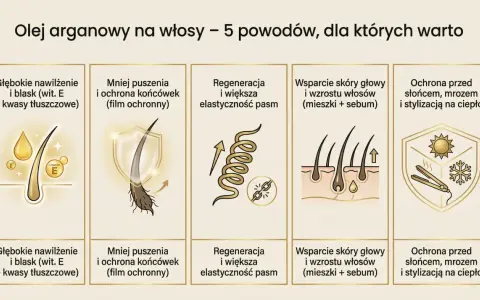 Olej arganowy na włosy: głębokie nawilżenie, mniej puszenia, regeneracja, wsparcie skóry głowy i ochrona przed słońcem.