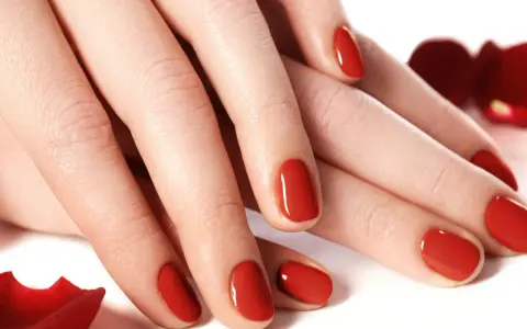 Dłonie z idealnym, czerwonym manicure tytanowym, otoczone płatkami róż.