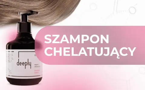 Butelka szamponu chelatującego "deeply" na tle falujących włosów. Dowiedz się, szampon chelatujący co to jest i jak działa.