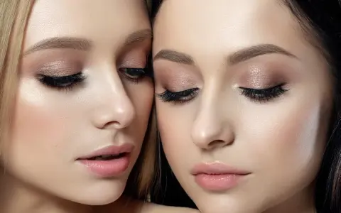 Dwie kobiety z perfekcyjnym makijażem glamour. Delikatne cienie na powiekach, długie rzęsy i subtelnie podkreślone usta tworzą efektowny, ale naturalny look.