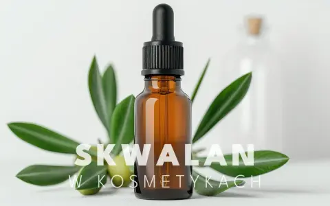 Brązowa buteleczka z pipetą, gałązka oliwna i tekst "SKWALAN W KOSMETYKACH". Skwalan to cenny składnik pielęgnacyjny.
