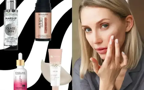 Kobieta nakłada bazę pod makijaż, obok kosmetyki: Bielenda, Bourjois, Eveline i Gentle Nudie.