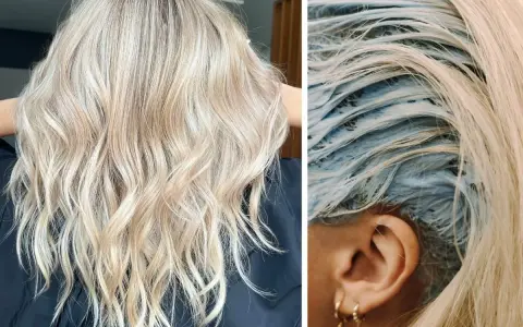 Efektowne tonowanie włosów blond. Po lewej piękny, rozświetlony kolor, po prawej widać proces aplikacji produktu.