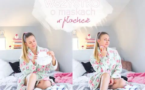 Czy po maseczce w płachcie nakłada się krem? Kobieta w szlafroku pokazuje maskę i urządzenie do pielęgnacji twarzy.