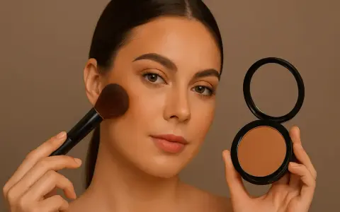 Kobieta z pędzlem nakłada bronzer w kamieniu, by uzyskać naturalny efekt muśniętej słońcem skóry.
