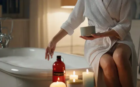 Kobieta w szlafroku dodaje sól do kąpieli do wanny pełnej piany. Wokół palą się świece, tworząc relaksującą atmosferę.