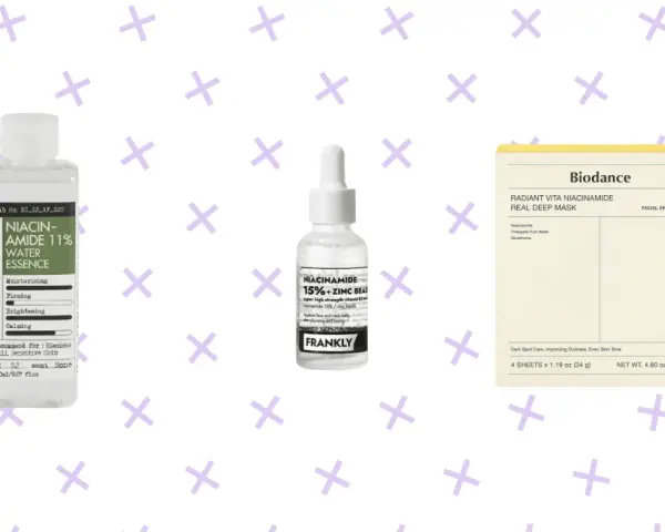 Zestaw kosmetyków z niacynamidem i kwasem salicylowym: serum, esencja i maska.