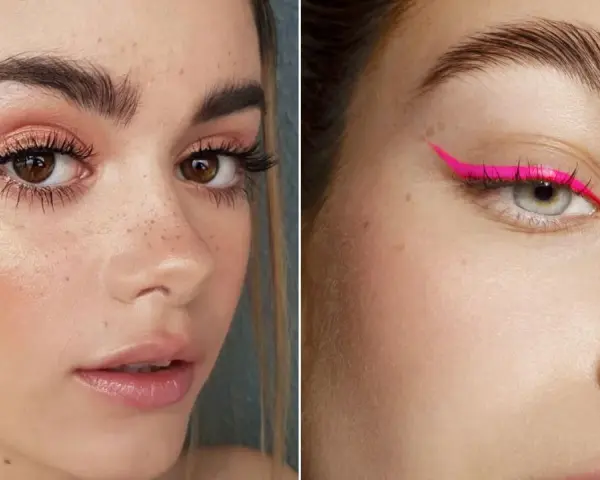 Naturalne, gęste brwi to hit! Na lewym zdjęciu dziewczyna z piegami i różowym makijażem, na prawym oko z neonowym eyelinerem.