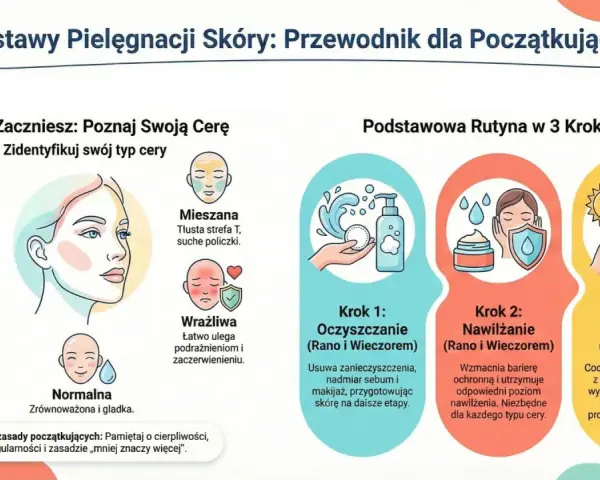 Podstawy pielęgnacji twarzy: poznaj typ cery (tłusta, sucha, mieszana, wrażliwa, normalna) i rutynę w 3 krokach: oczyszczanie, nawilżanie, ochrona SPF.