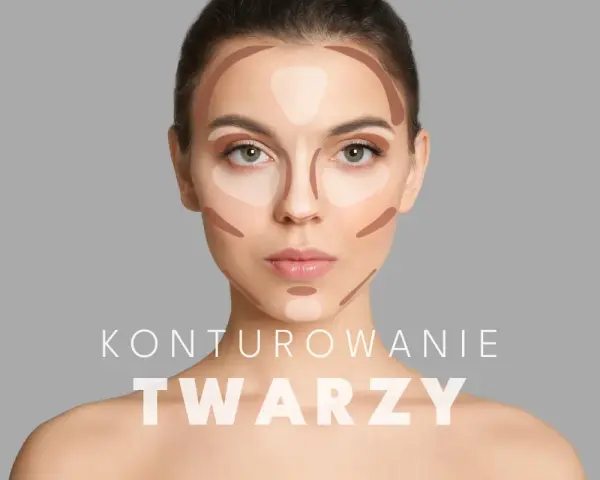 Modelka z zaznaczonymi cieniami i rozświetlaczami na twarzy, pokazującymi techniki konturowania twarzy.