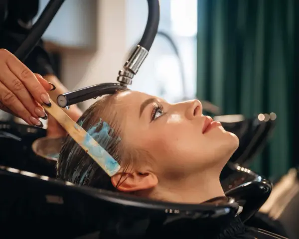 Profesjonalna pielęgnacja włosów farbowanych w salonie. Stylistka nakłada maskę na mokre włosy klientki.