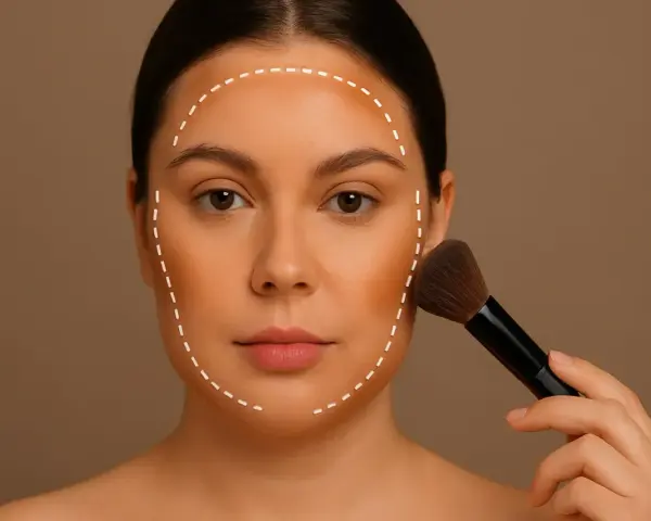 Okrągła twarz z zaznaczonymi liniami konturowania. Pokażę Ci, jak nakładać bronzer na okrągłą twarz, by ją wysmuklić.