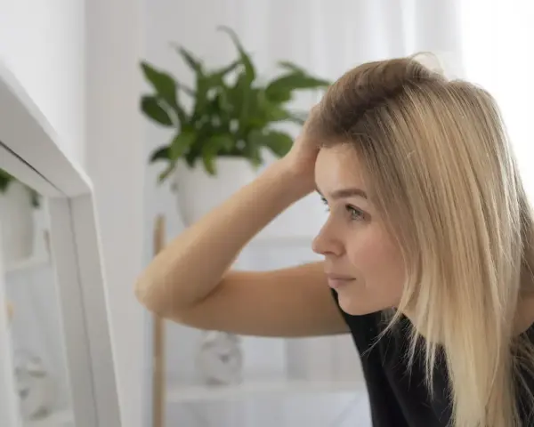 Blondynka w czarnej bluzce poprawia włosy, patrząc w lustro. Zastanawia się, sls co to za składnik w kosmetykach.