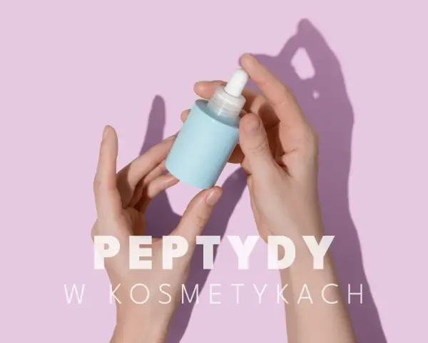Dłonie trzymające buteleczkę z serum. Tekst: "Peptydy w kosmetykach". Peptyd miedziowy to składnik odmładzający.