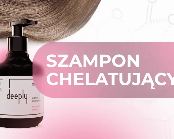 Butelka szamponu chelatującego "deeply" na tle falujących włosów. Dowiedz się, szampon chelatujący co to jest i jak działa.