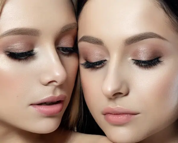 Dwie kobiety z perfekcyjnym makijażem glamour. Delikatne cienie na powiekach, długie rzęsy i subtelnie podkreślone usta tworzą efektowny, ale naturalny look.