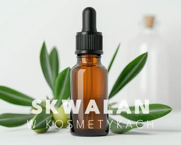 Brązowa buteleczka z pipetą, gałązka oliwna i tekst "SKWALAN W KOSMETYKACH". Skwalan to cenny składnik pielęgnacyjny.