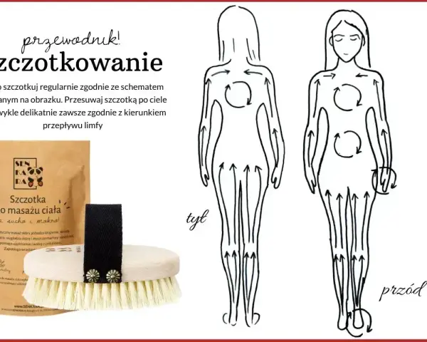 Szczotkowanie na sucho ciała zgodnie z kierunkiem przepływu limfy. Schemat masażu i szczotka do ciała.