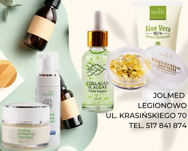 Zestaw kosmetyków TianDe: krem, serum, żel z aloesem, esencja z kolagenem i algami. W składzie niektórych produktów może znajdować się alcohol denat.