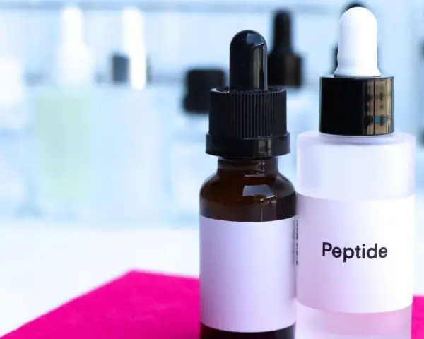 Dwie buteleczki z pipetkami, jedna z napisem "Peptide". Pamiętaj, że peptydy miedziowe z czym nie łączyć, by uniknąć podrażnień.