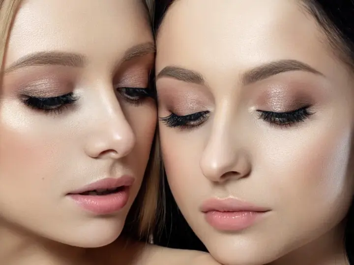 Dwie kobiety z perfekcyjnym makijażem glamour. Delikatne cienie na powiekach, długie rzęsy i subtelnie podkreślone usta tworzą efektowny, ale naturalny look.
