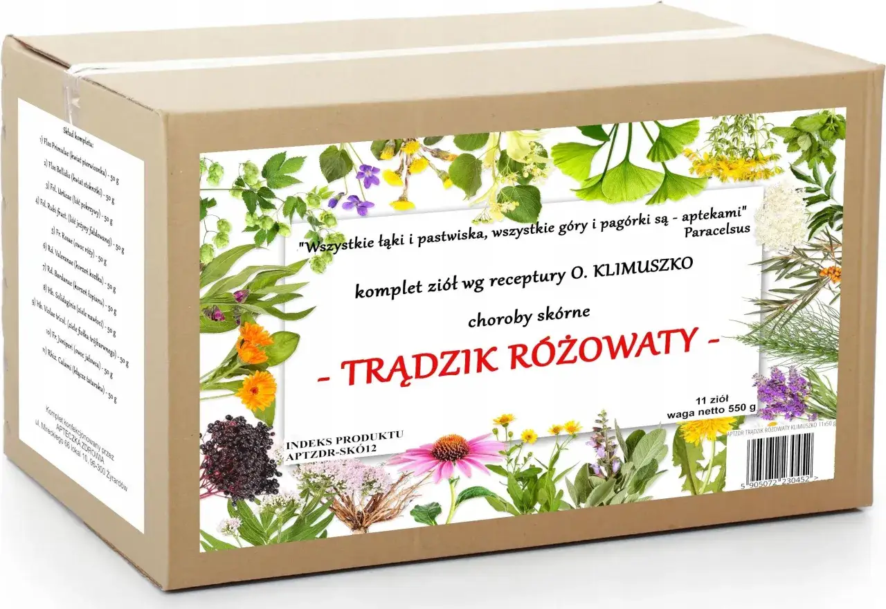 Zioła na trądzik różowaty. Komplet 11 ziół wg receptury O. Klimuszko, 550g. Wyleczyłam trądzik różowaty ziołami.