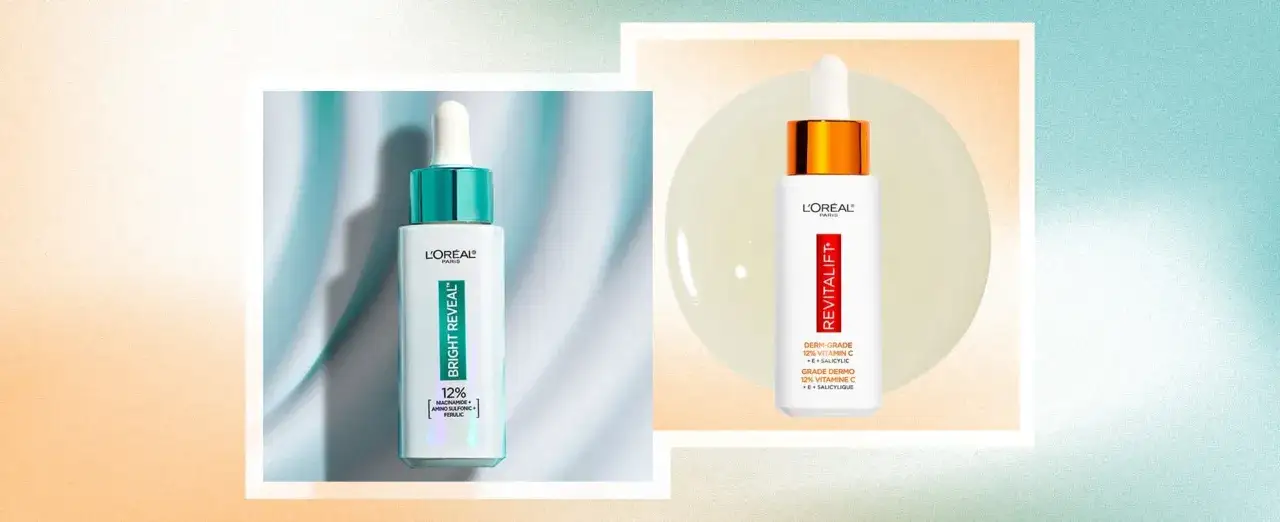 Dwa serum L'Oréal: jedno z niacynamidem, drugie z witaminą C. Składniki dla promiennej cery.