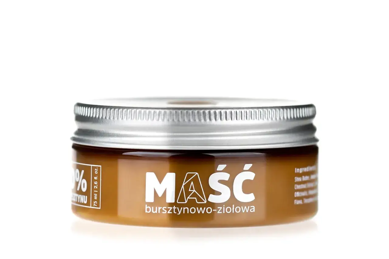 Słoiczek maści bursztynowej na twarz, z metalową zakrętką. Produkt o pojemności 75 ml, z napisem 