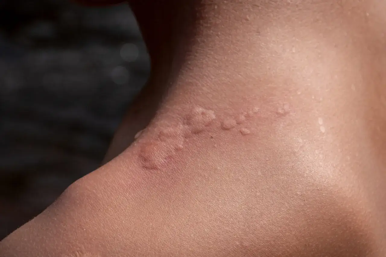 Na skórze widoczne są wypukłe, zaczerwienione bąble, które mogą świadczyć o pokrzywce alergicznej.