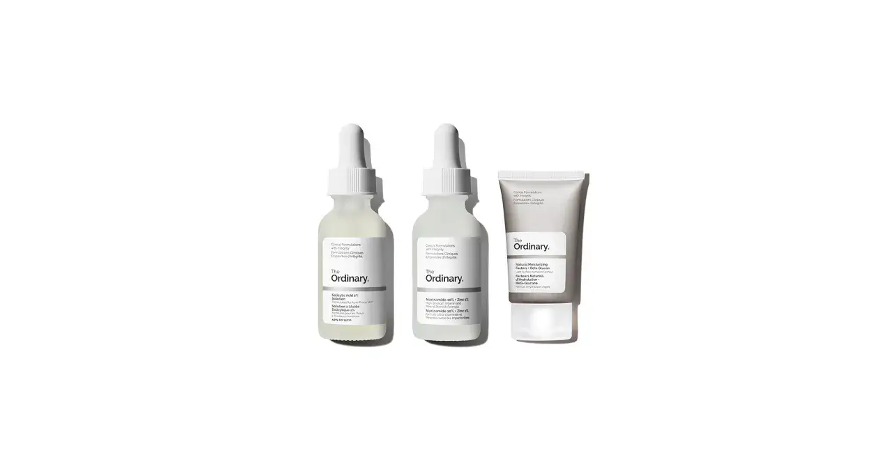 Zestaw kosmetyków The Ordinary: serum z niacynamidem i kwasem salicylowym oraz krem nawilżający.