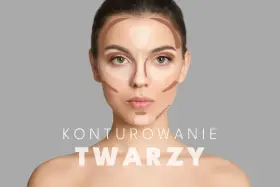 Modelka z zaznaczonymi cieniami i rozświetlaczami na twarzy, pokazującymi techniki konturowania twarzy.