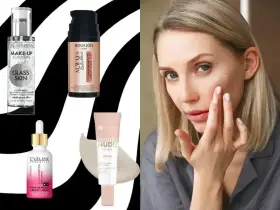 Kobieta nakłada bazę pod makijaż, obok kosmetyki: Bielenda, Bourjois, Eveline i Gentle Nudie.