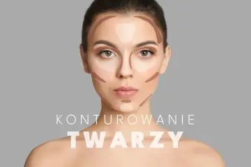 Modelka z zaznaczonymi cieniami i rozświetlaczami na twarzy, pokazującymi techniki konturowania twarzy.